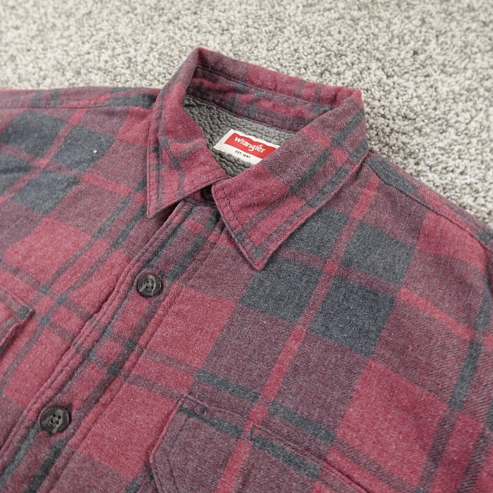 Wrangler Jacket Mens M Red Plaid Sherpa Fleece Lined Flannel Shirt Shacket Coat
